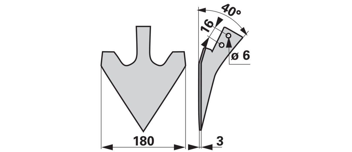 Hackschare 180 mm Spannstift – Detail Lochabstand 16 mm und Lochdurchmesser 6 mm