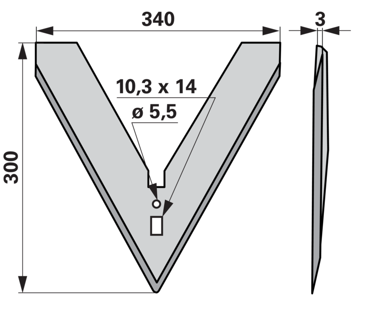 Hackschar Schmotzer 361720 340 mm – Ansicht Blatt und Befestigungsbohrung