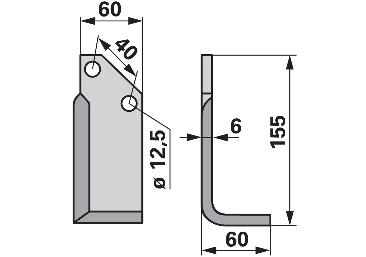 Winkelmesser rechts 60x6 Bodenfräsen 155mm – Ersatzmesser für Anbaufräsen, Seitenansicht