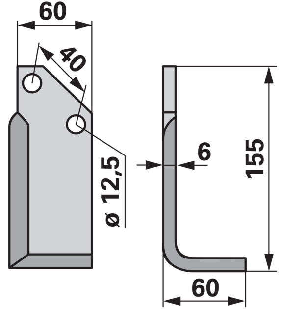 Winkelmesser rechts 60x6 Bodenfräsen 155mm – Detailansicht Bohrung und Materialstärke