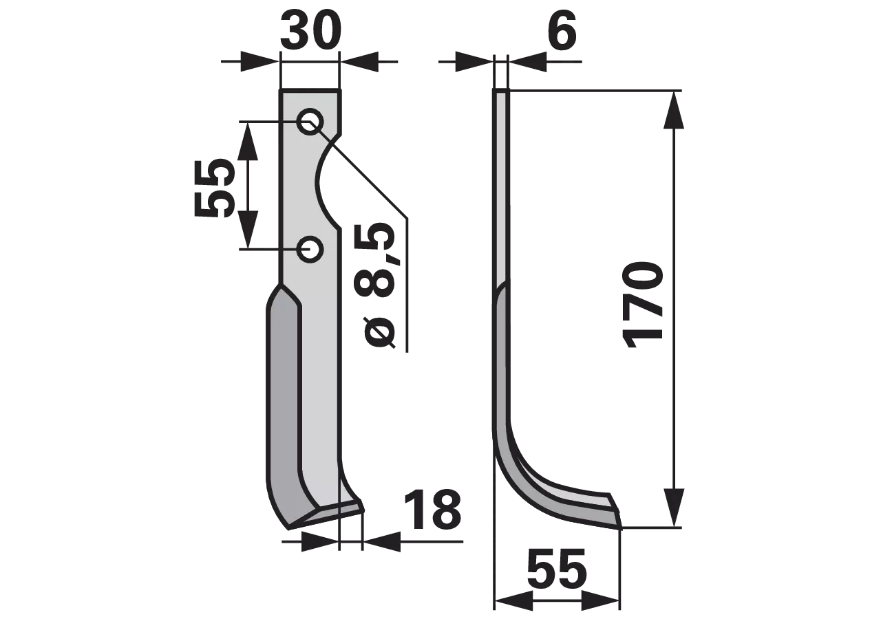 Bogenmesser rechts 30x6 mm 170 mm als Ersatzmesser für Bodenfräsen, Rechtsausführung