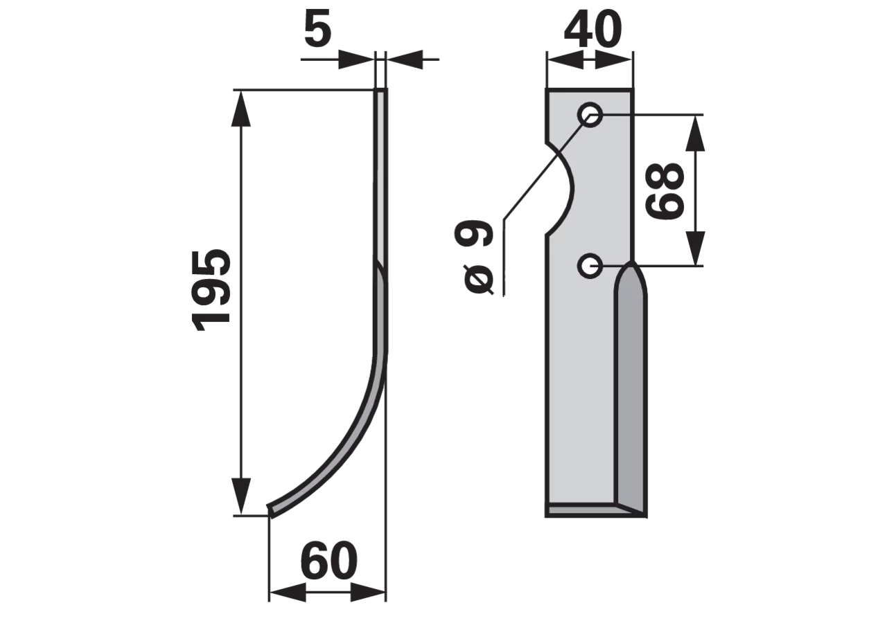 Bogenmesser links 40x5 L=195 mm Arbeitsbreite 60 mm Lochabstand 68 mm GartenShop24 - Hochwertige Gartengeräte