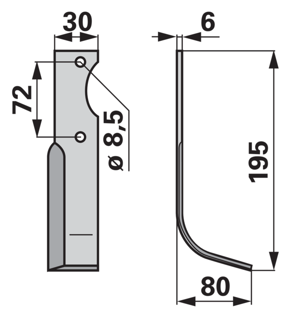 Fräsmesser Bogenmesser rechts für Bodenfräsen, Lochabstand 72 mm, Stärke 6 mm