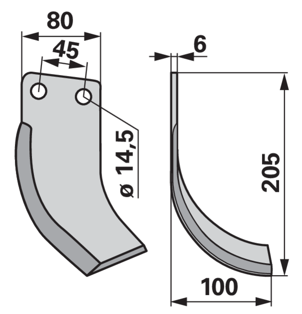 Bogenmesser rechts 205 mm – Detailansicht Lochabstand 45 mm und Lochdurchmesser 14,5 mm