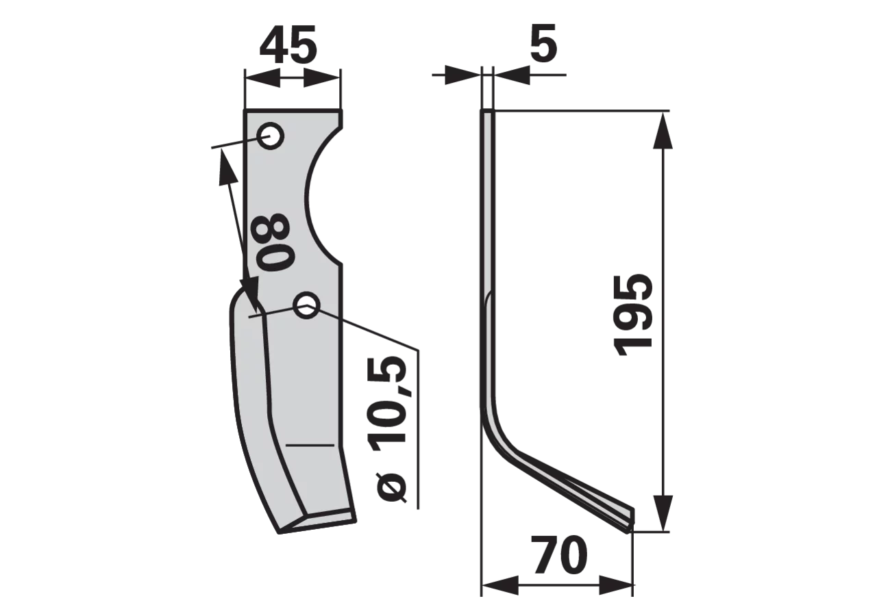 Bogenmesser rechts Goldoni 8834 195 mm – Ersatzteil für Bodenfräsen, Stärke 5 mm
