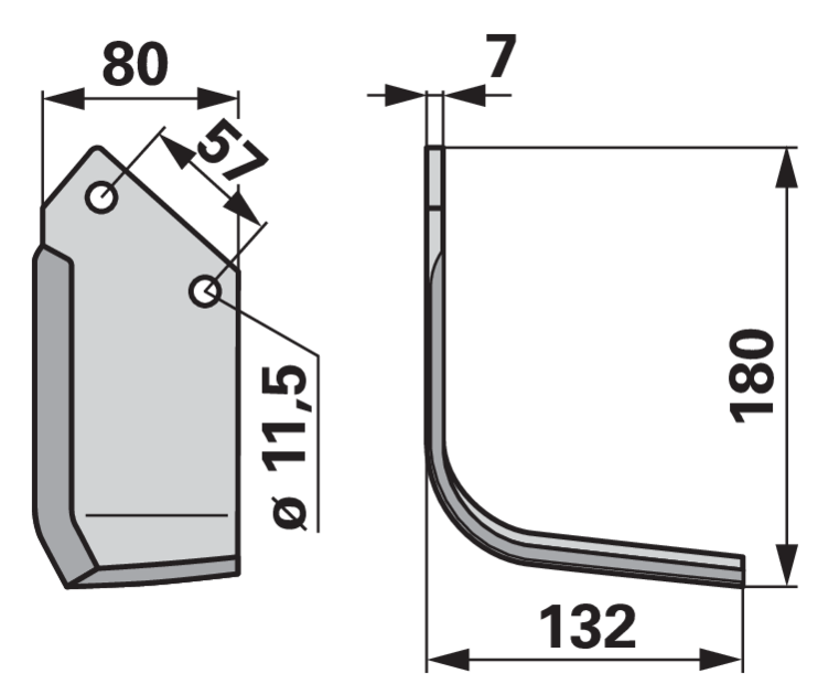 Winkelmesser rechts Howard 624400 – Detailansicht Lochabstand 57 mm und Lochdurchmesser 11,5 mm