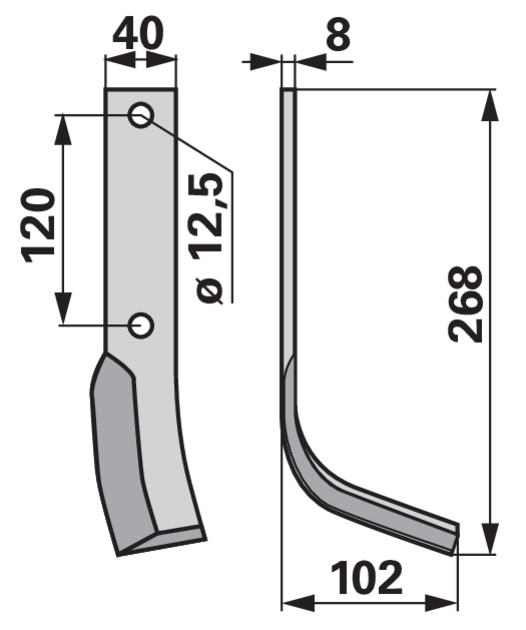 Bogenmesser rechts 268 mm – Detailansicht Lochabstand 120 mm und Stärke 8 mm
