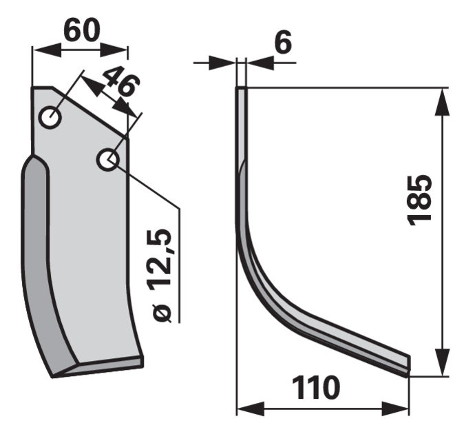 Bogenmesser rechts 60x6 L=185 mm Arbeitsbreite 110 mm LAB=46 mm GartenShop24 - Hochwertige Gartengeräte