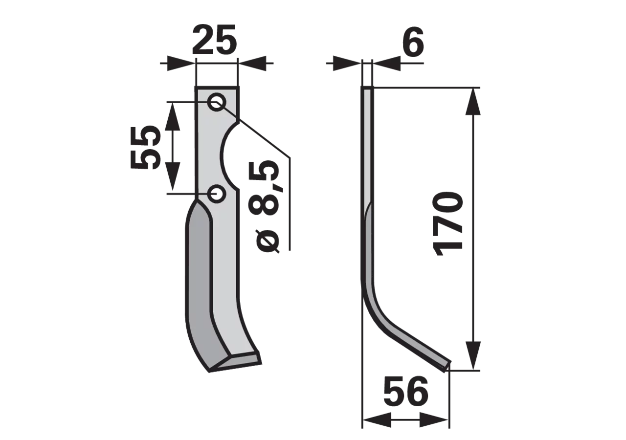 Bogenmesser rechts 25x6 L=170 mm Arbeitsbreite 56 mm LAB=55 GartenShop24 - Hochwertige Gartengeräte