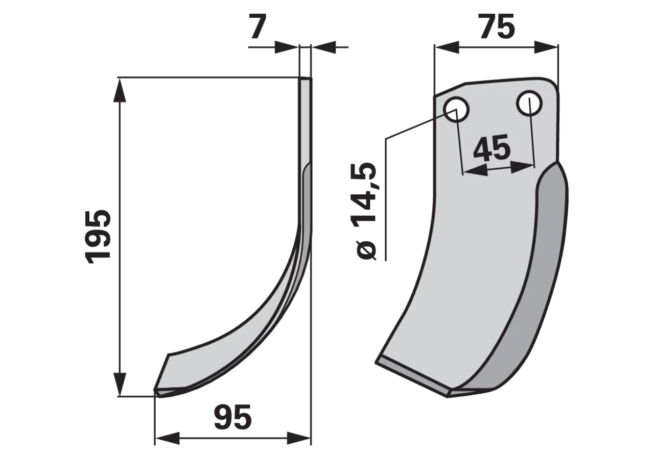 Bogenmesser links 75x7 L=195 mm Arbeitsbreite 95 mm Lochabstand 45 mm GartenShop24 - Hochwertige Gartengeräte
