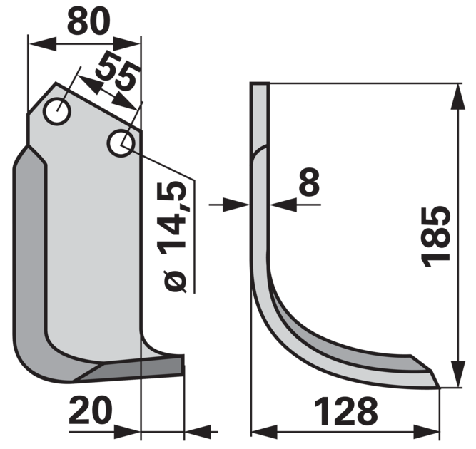 Bogenmesser rechts Detailansicht – Lochabstand 55 mm, Lochdurchmesser 14,5 mm, Stärke 8 mm