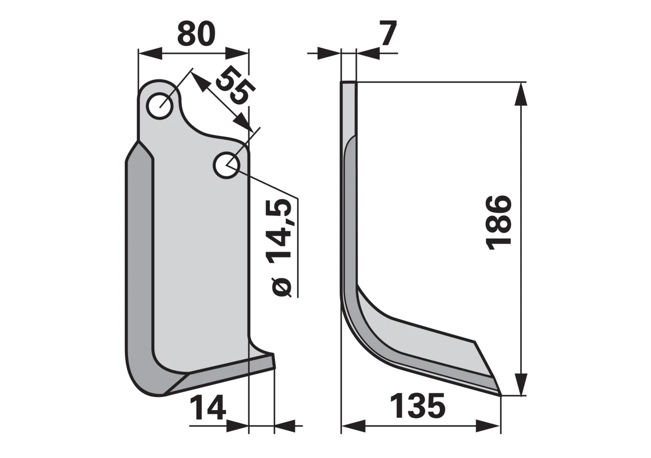 Bogenmesser rechts 80x7 mm Höhe 186 mm – Fräsmesser für Bodenfräsen, Ausführung rechts