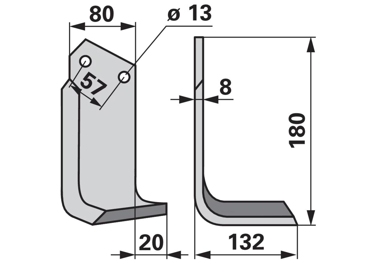 Winkelmesser rechts 80x8 Höhe 180 mm Bodenfräsen – Arbeitsbreite 132 mm, Lochabstand 57 mm