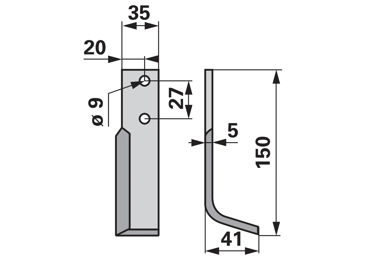 Winkelmesser rechts 35x5 L=150 mm Bodenfräsen, Arbeitsbreite 41 mm, Lochabstand 27 mm