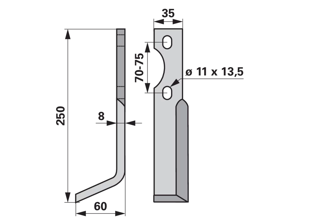 Winkelmesser links 35x8 L=250 mm Bodenfräsen – Fräsmesser Arbeitsbreite 60 mm, Stärke 8 mm