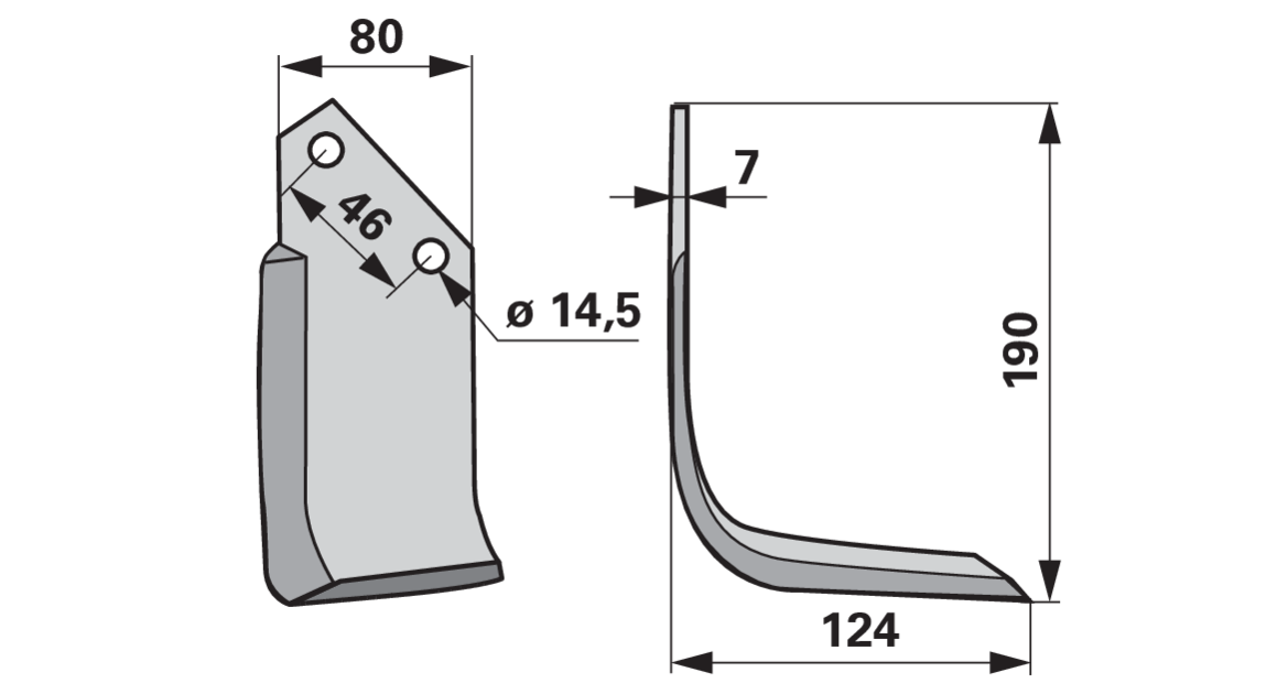 Bogenmesser rechts F3156010 Fräsmesser – Detailansicht Lochabstand 46 mm und Innendurchmesser 14,5 mm