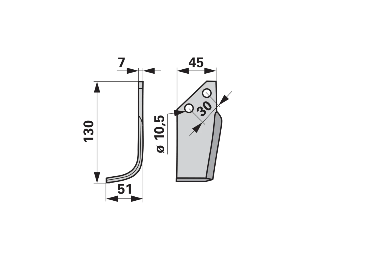 Bogenmesser links Badalini MA 5034 – Ersatzmesser für Bodenfräsen, 45×51 mm