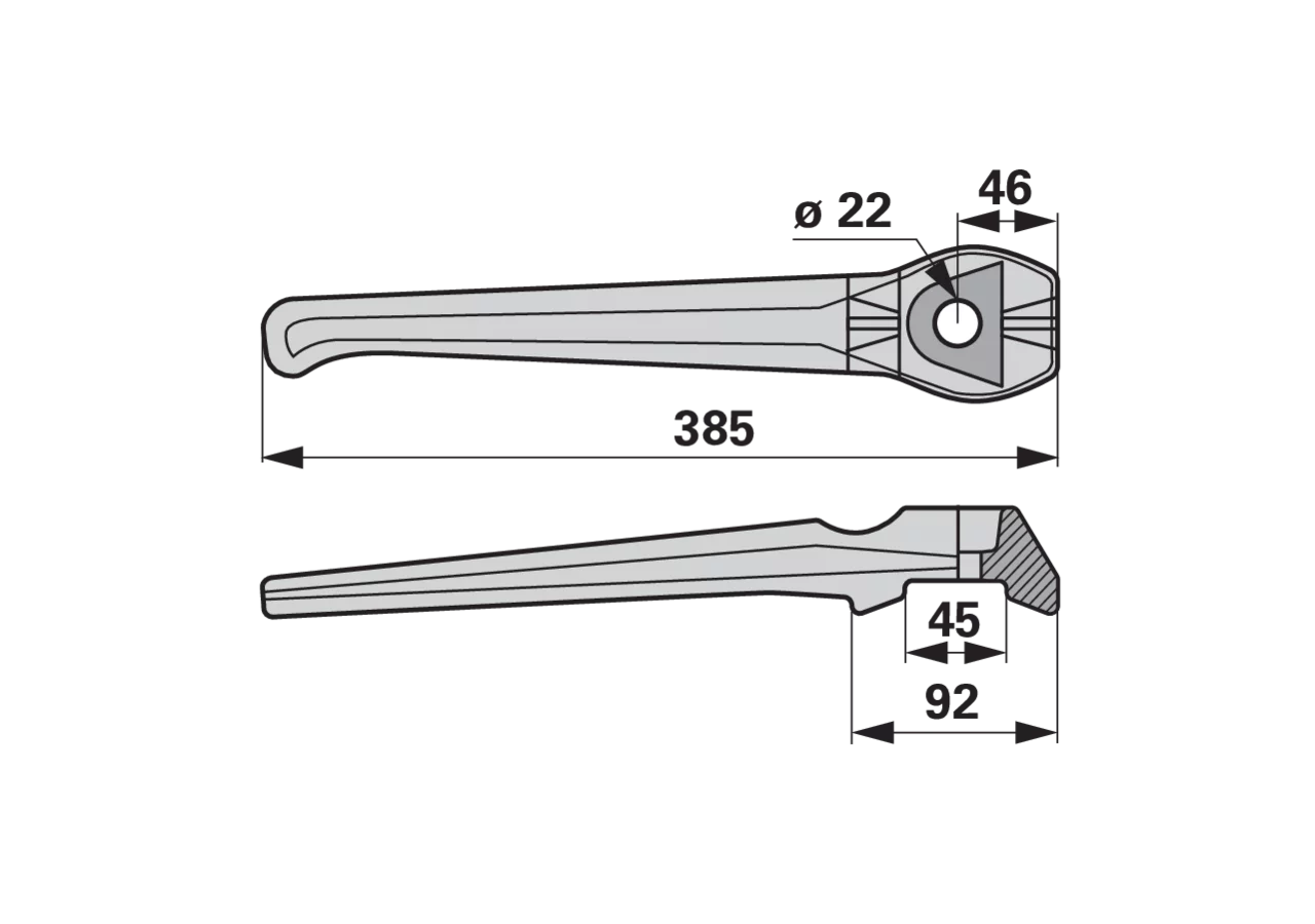 Kreiseleggenzinke links Lely 1.1699.0124.0, Gesamtlänge 385 mm, Seitenansicht