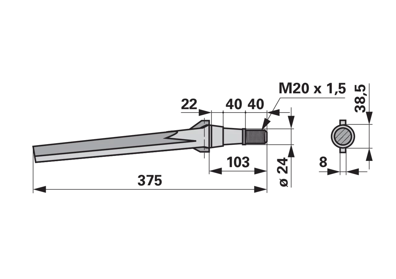 Kreiseleggenzinke rechts Lely 1.1632.2240.0 M20×1,5 – Länge 375 mm, Außendurchmesser 24 mm