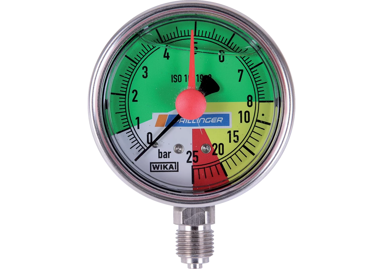 Glyzerinmanometer fl.düngerfest, 63 mm, 0-8/25 bar, Anschl. unten, 1/4 Zoll WIKA Wika