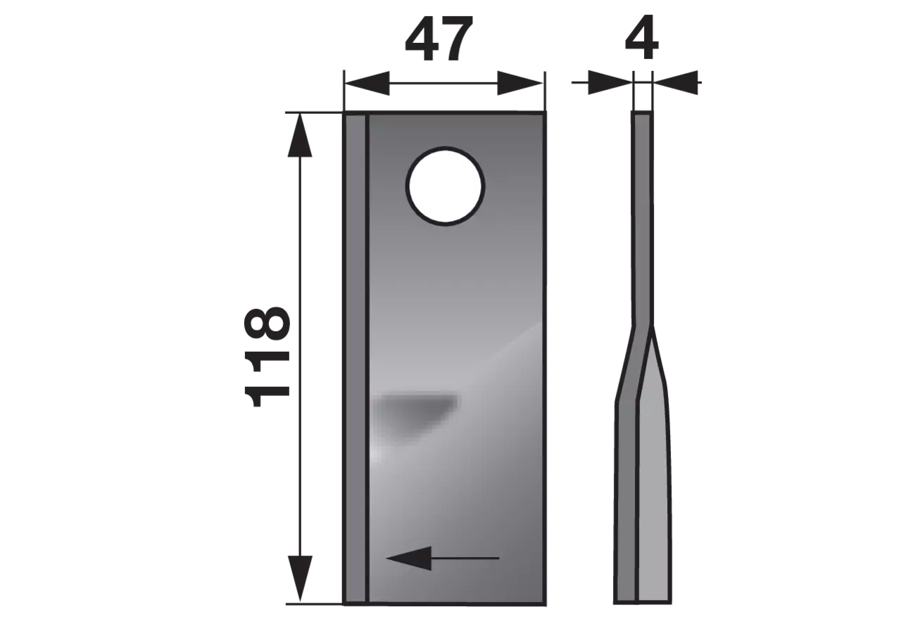 Kreiselmäherklinge rechts, L 118 x B 47 x S 4 mm, d 19 mm, 25 Stück radura