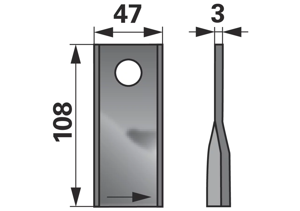 Kreiselmäherklinge rechts, L 108 x B 47 x S 3 mm, d 21 mm, 25 Stück GartenShop24
