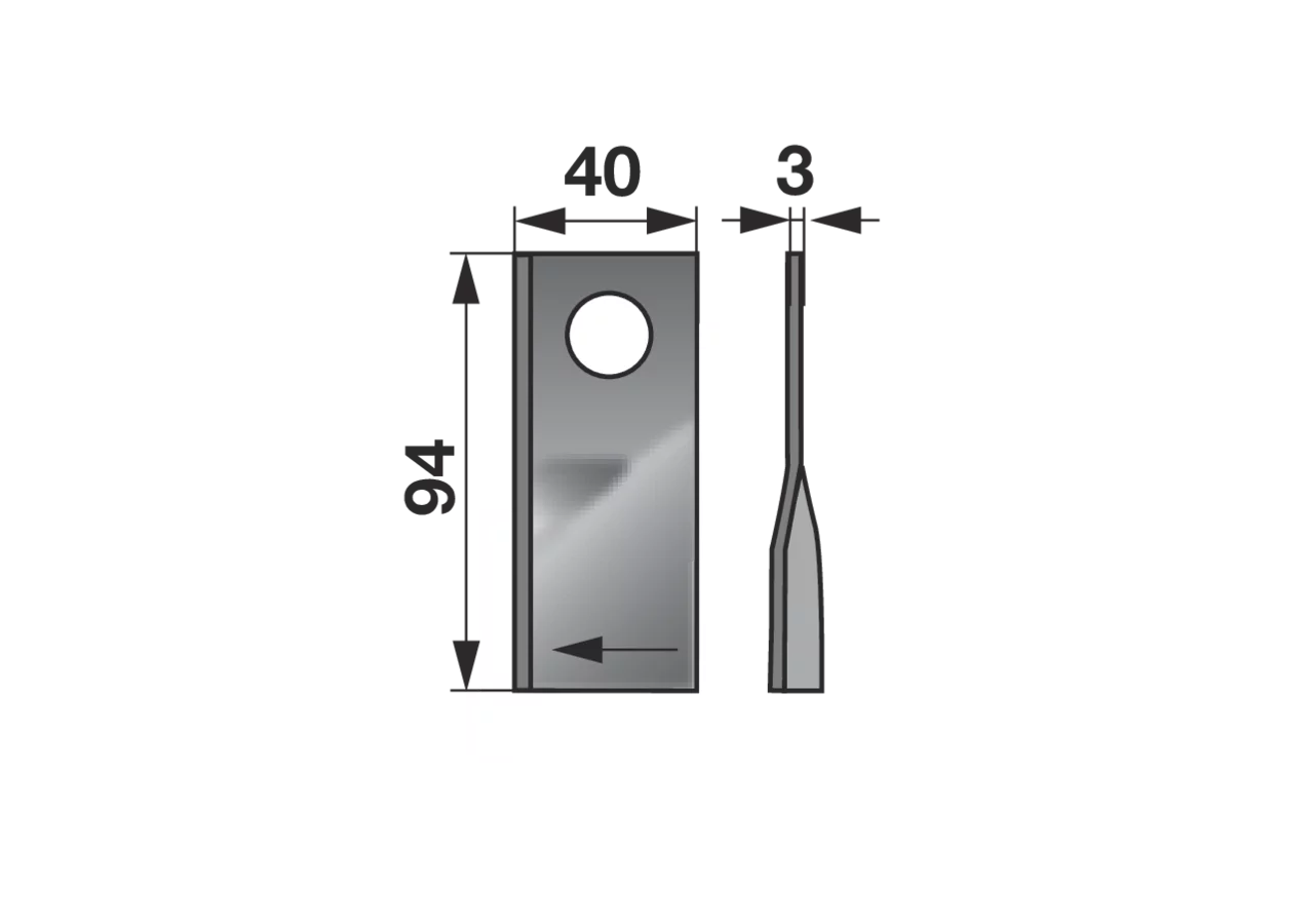 Kreiselmäherklinge rechts, L 94 x B 40 x S 3 mm, d 19 mm, 25 Stück radura