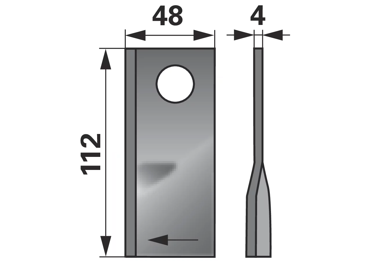 Kreiselmäherklinge rechts, L 112 x B 49 x S 4 mm, d 21 mm, 25 Stück Pöttinger 434.97.099.9 Pöttinger