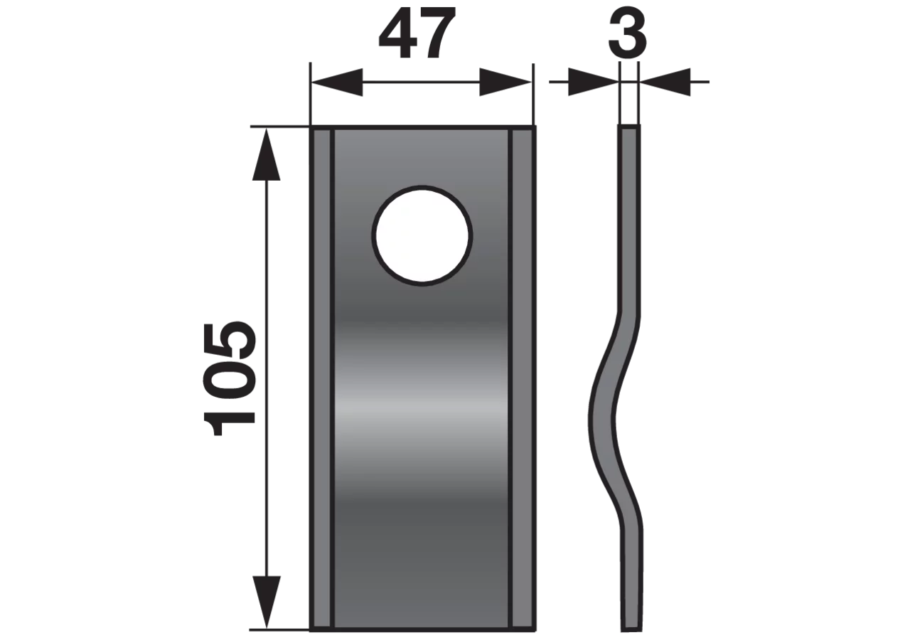 Kreiselmäherklinge gewölbt, L 105 x B 47 x S 3 mm, d 21 mm, 25 Stück Deutz-Fahr CM120 Deutz-Fahr
