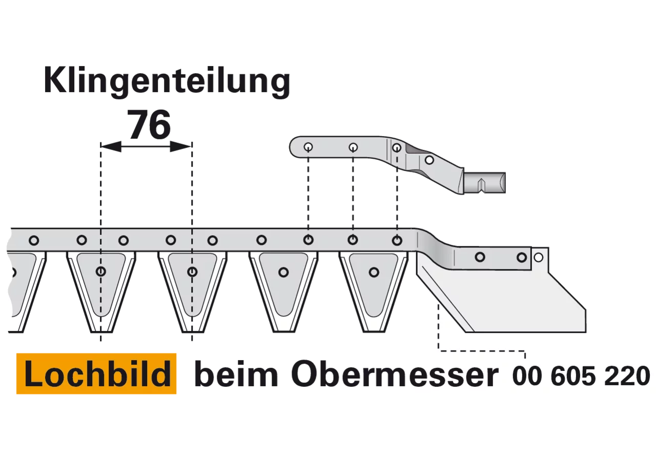 Obermesser L 140 cm, mit Messerkopf, rechts, 18 Klingen, T76, glatt ESM 2625910 ESM