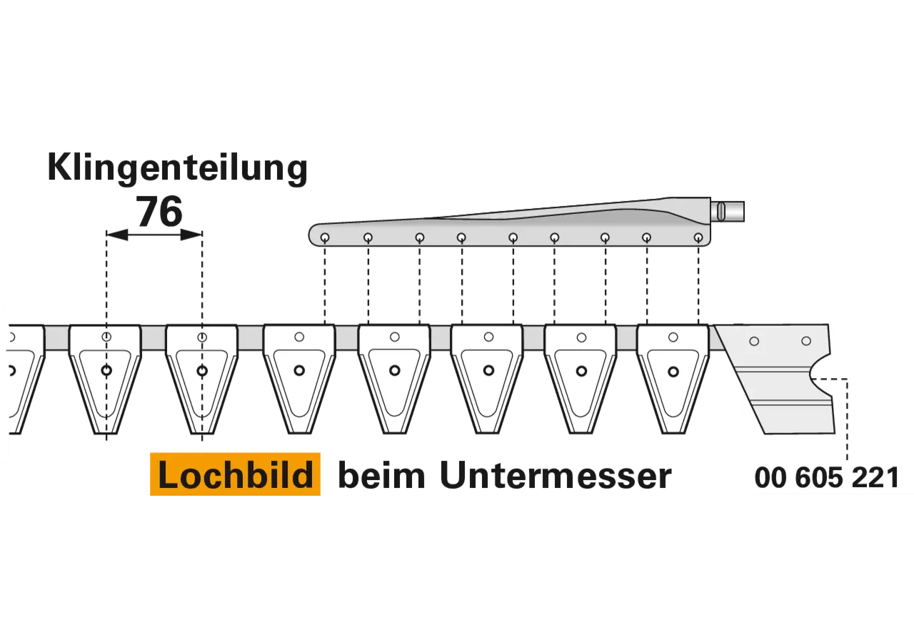 Untermesser L 140 cm, mit Messerkopf, rechts, 19 Klingen, T76, glatt ESM 2655930 ESM