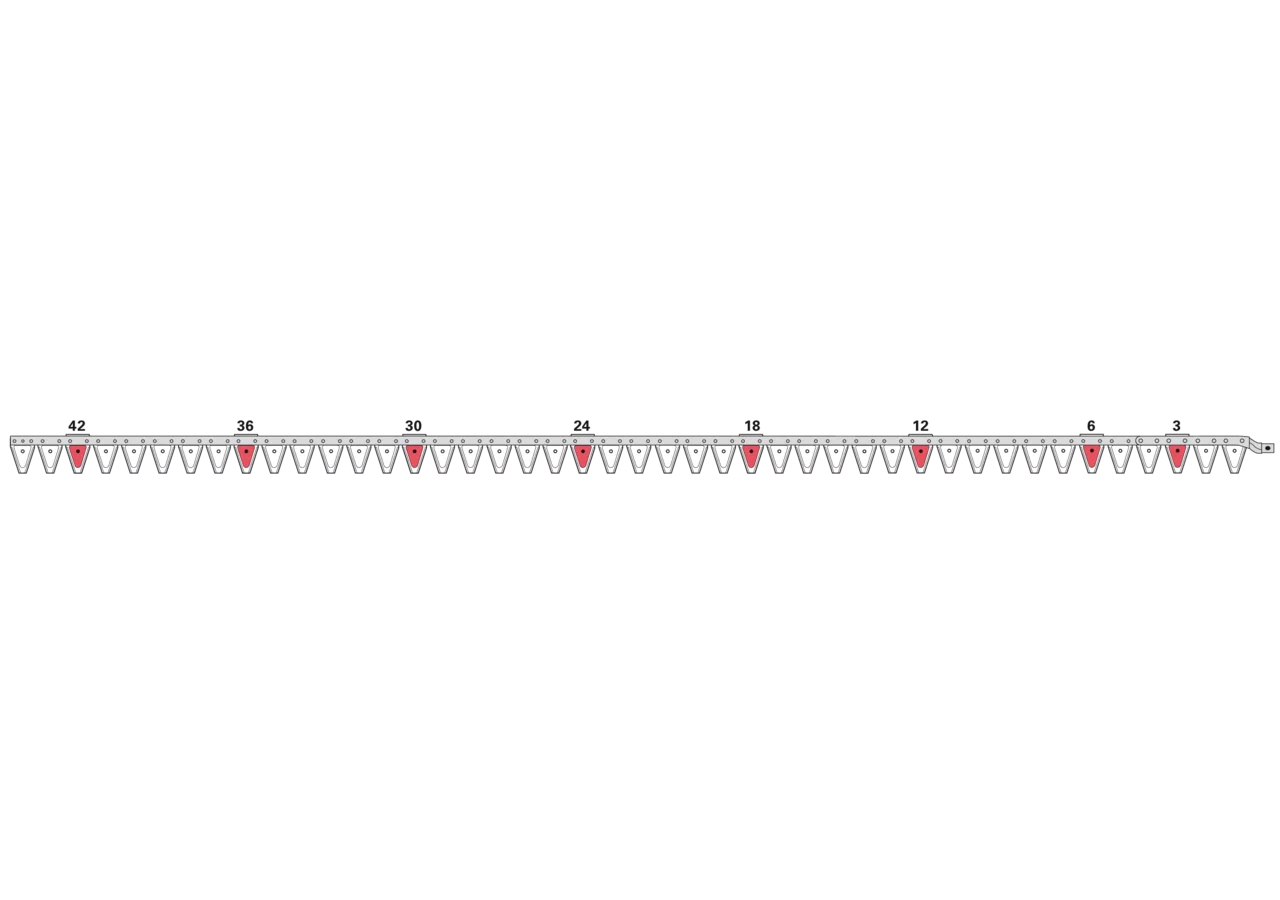 Obermesser L 319 cm, mit Messerkopf, rechts, 44 Klingen, T70, gezahnt ESM biduxX 2260365 ESM