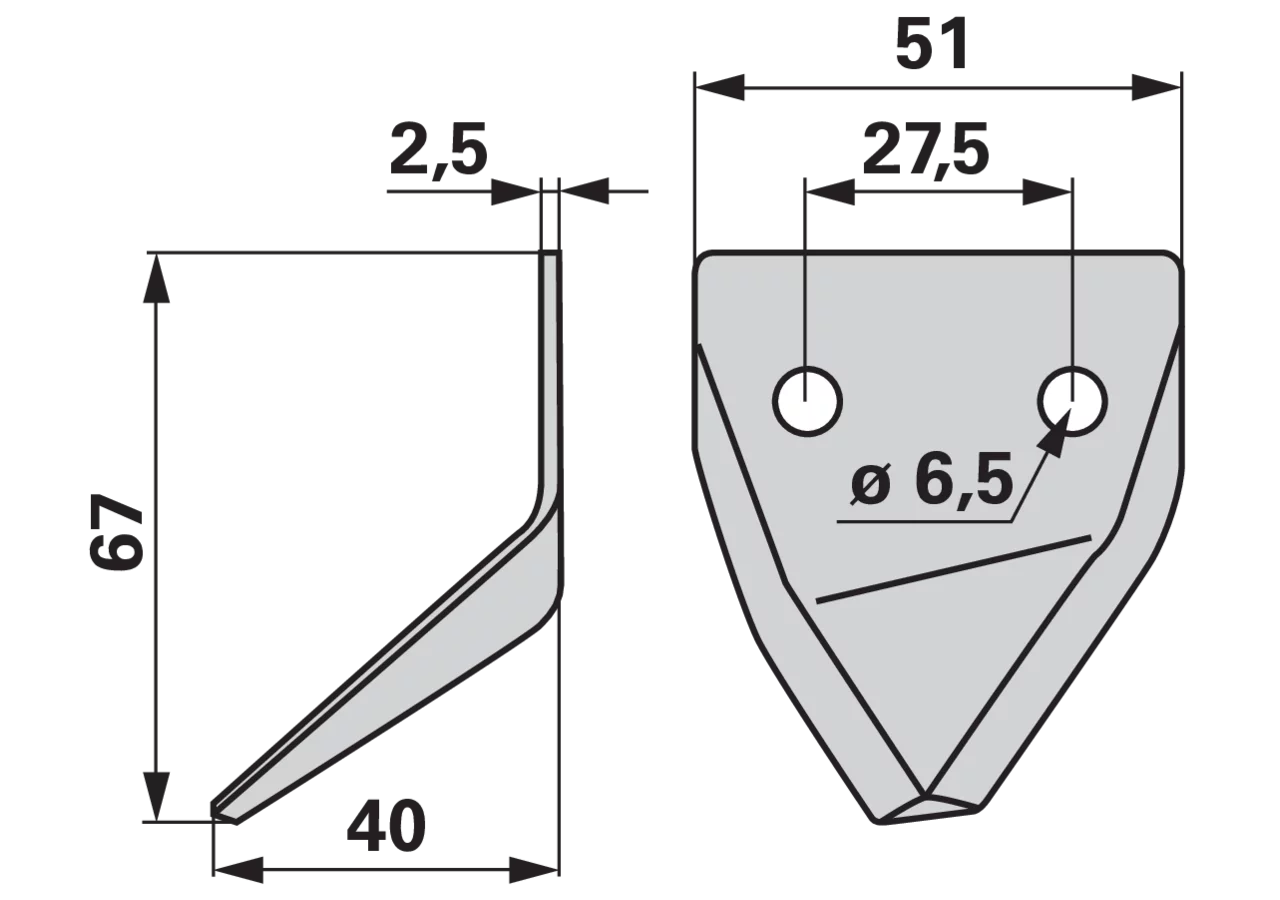Fräsmesser L 67 x B 51 x S 2,5 mm, glatt, abgewinkelt, rechts passend zu Luclar GartenShop24