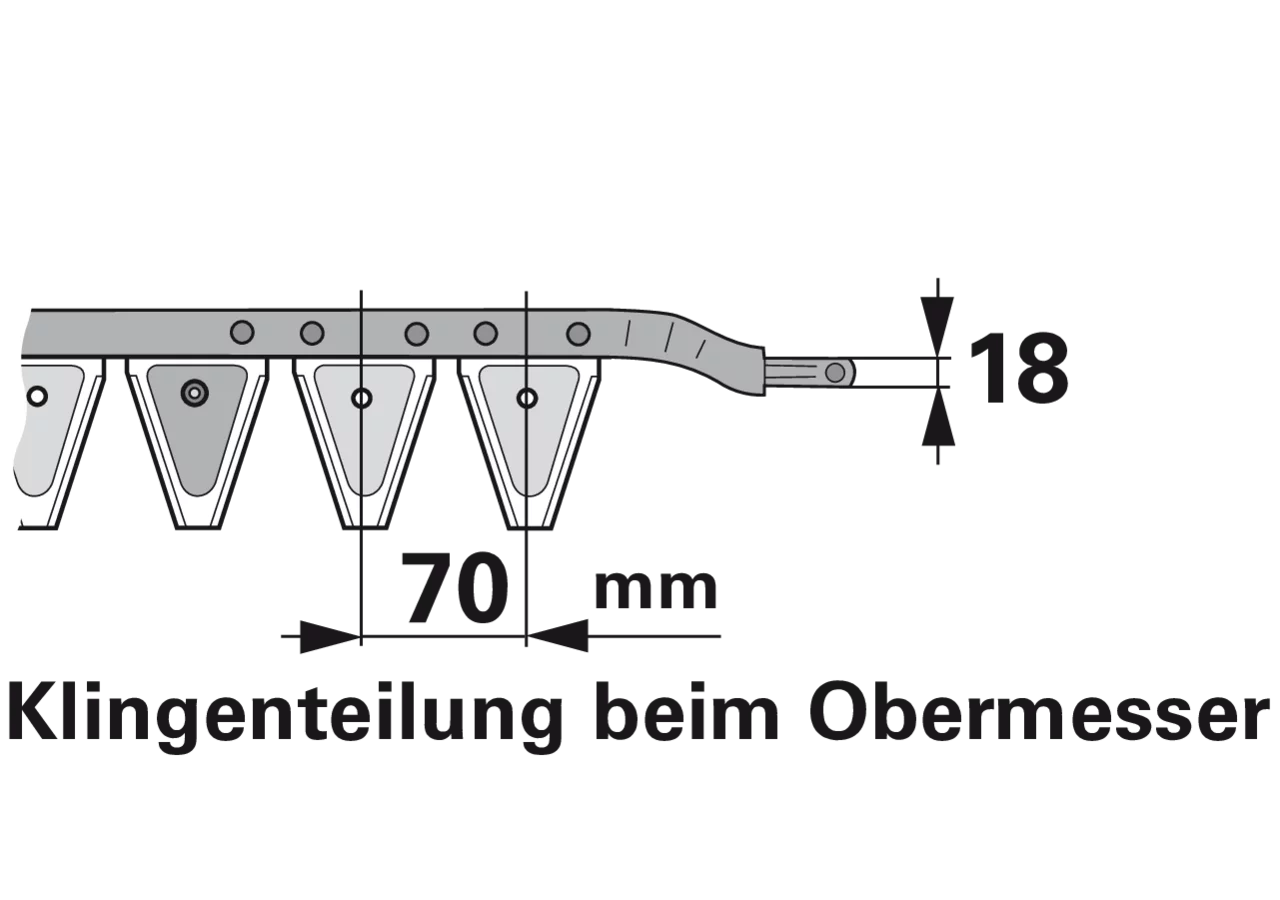 Obermesser L 225 cm, mit Messerkopf, rechts, 32 Klingen, T70, glatt ESM 2625830 ESM