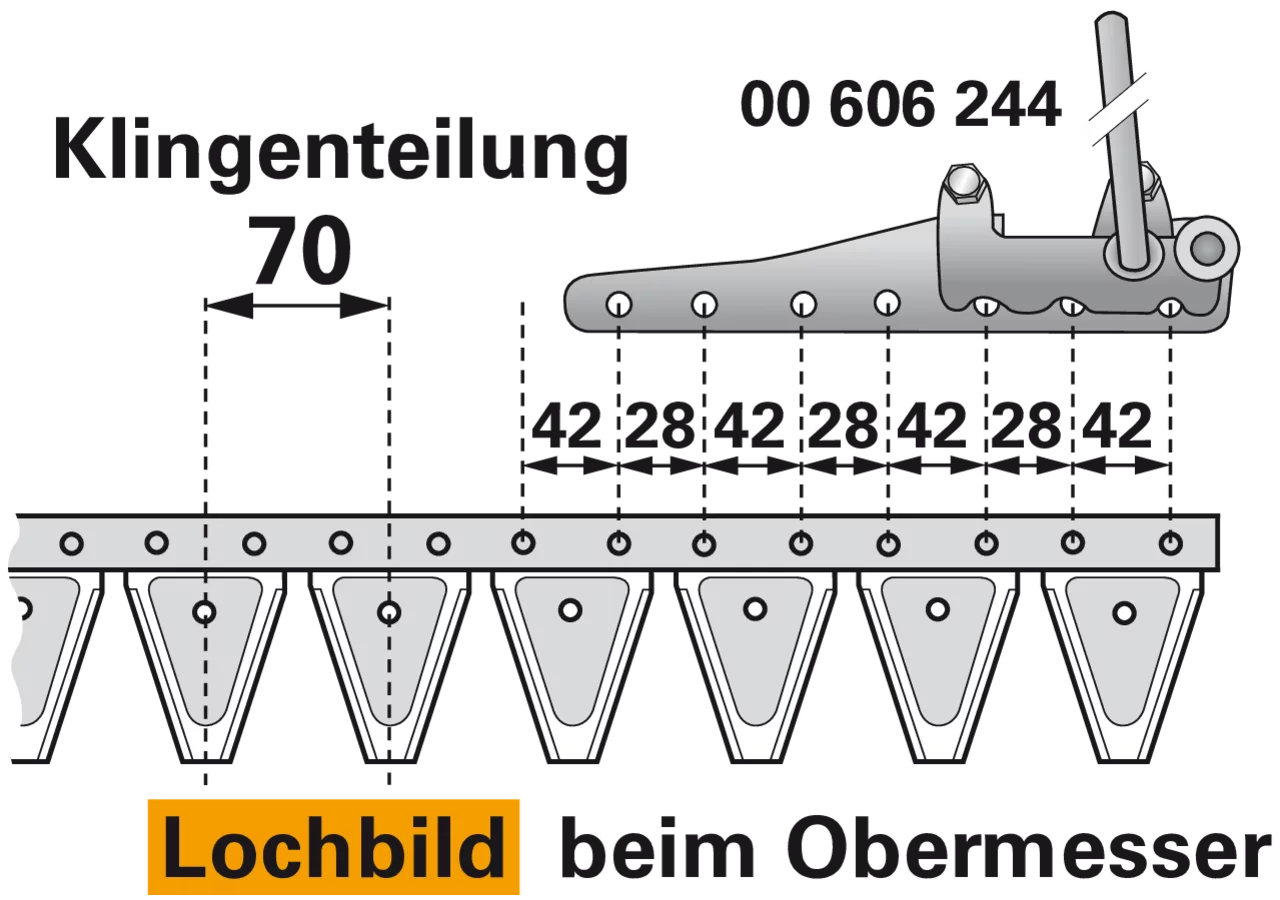 Obermesser L 160 cm, mit Messerkopf, rechts, 24 Klingen, T70, glatt ESM 2627188 ESM