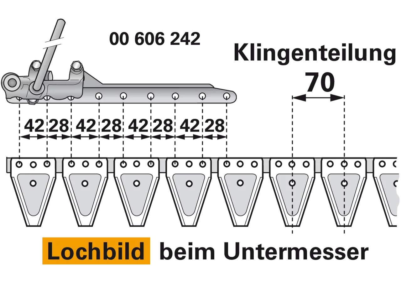 Untermesser L 196 cm, mit Messerkopf, links, 28 Klingen, T70, glatt ESM 2657168 ESM