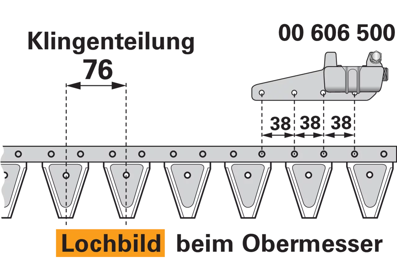 Obermesser L 205 cm, mit Messerkopf, rechts, 27 Kingen, T76, glatt ESM 2620068 ESM