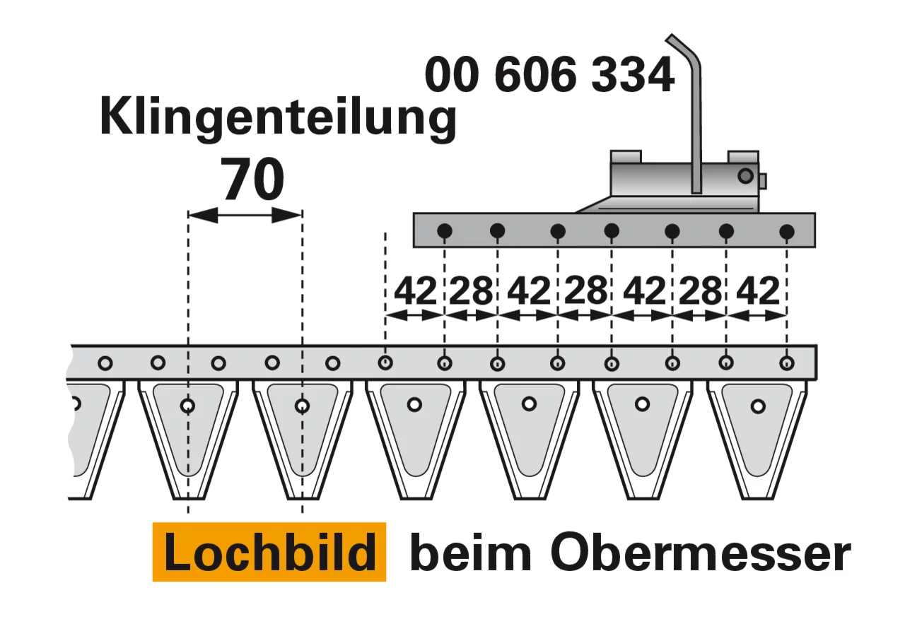 Obermesser L 167 cm, mit Messerkopf, rechts, 24 Klingen, T70, glatt – passend für Moty 100344 Schröckenfux