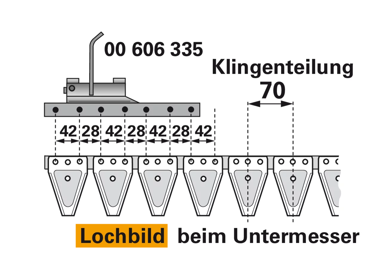 Untermesser L 167 cm, mit Messerkopf, links, 24 Klingen, T70, glatt – passend für Moty 100341 Schröckenfux