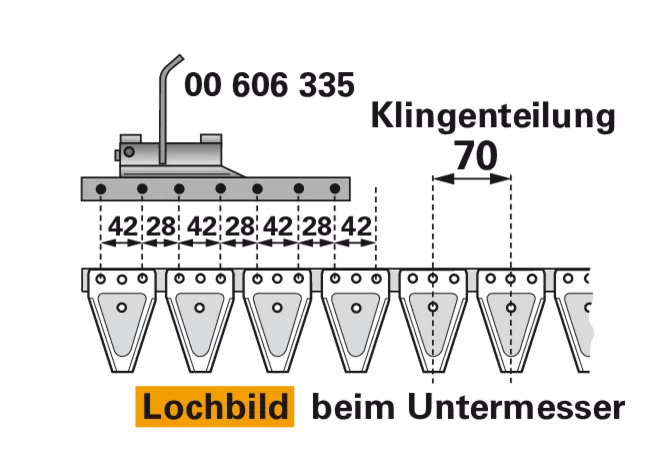 Untermesser L 180 cm, mit Messerkopf, links, 26 Klingen, T70, glatt – passend für Moty 100342 Schröckenfux
