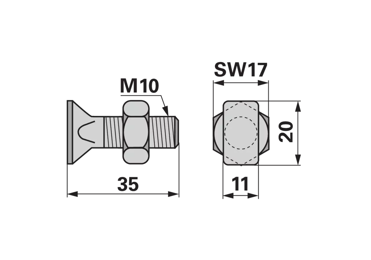 Rechteckkopfschraube M10 x 35 mm, mit Mutter, 10 Stück ESM 2402490 ESM