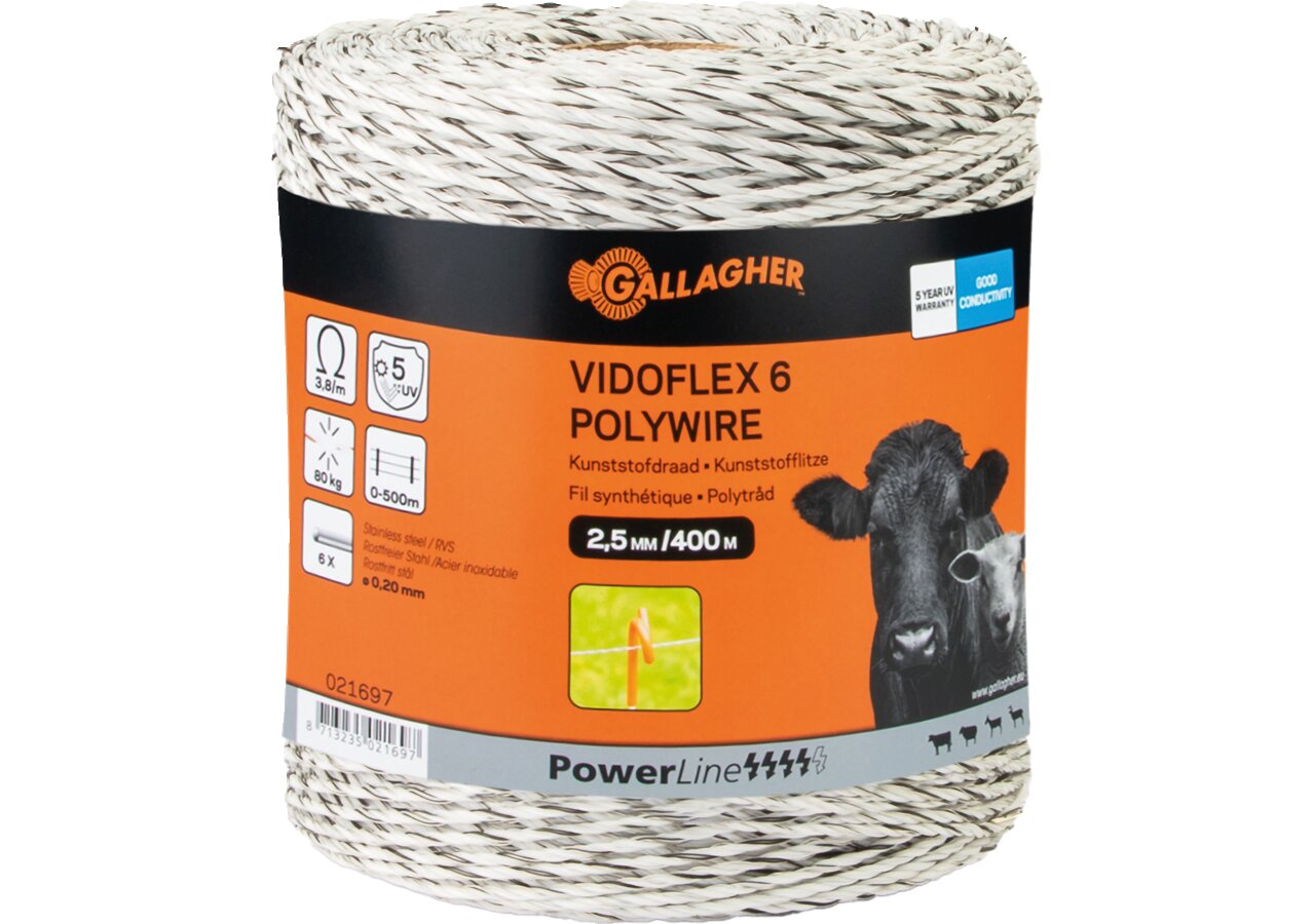 Cord PowerLine Vidoflex 6, L 400 m, Weiß Gallagher 021697 Gallagher