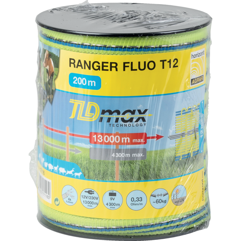 Weidezaunband Horizont ranger Fluo T12 17116 – 200 m, 12 mm, Grün-Gelb fluoreszierend