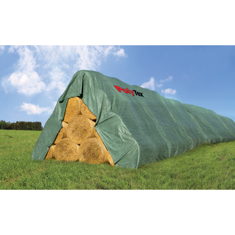 Schutzvlies 9,8 x 12,5 m Poly Tex im Einsatz zum Schutz von Strohballen