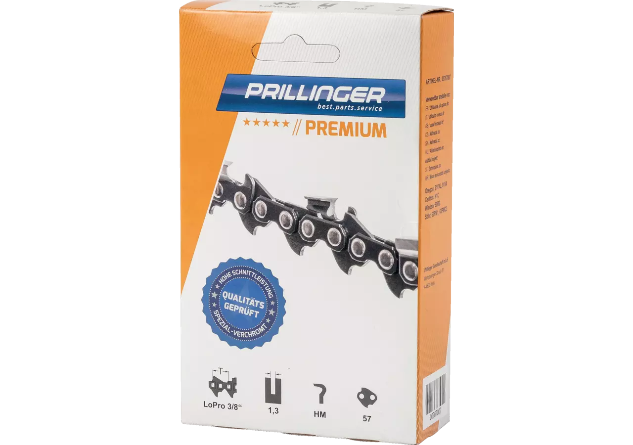 Sägekette Premium T 3/8 Zoll, LP-HM, S 1,3 mm, 55E Ausführung LoPro Halbmeißel Prillinger Premium