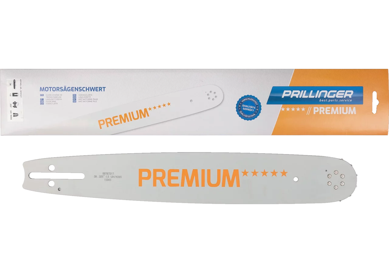 Motorsägenschwert Premium L 38 cm, T .325 Zoll, S 1,5 mm Bauchige Form, mit 6 Nieten im Prillinger Premium