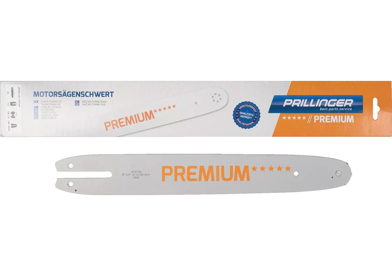 Motorsägenschwert Premium L 35 cm, T 3/8 Zoll, S 1,3 mm Schlanke Form, mit 1 Niete im Prillinger Premium