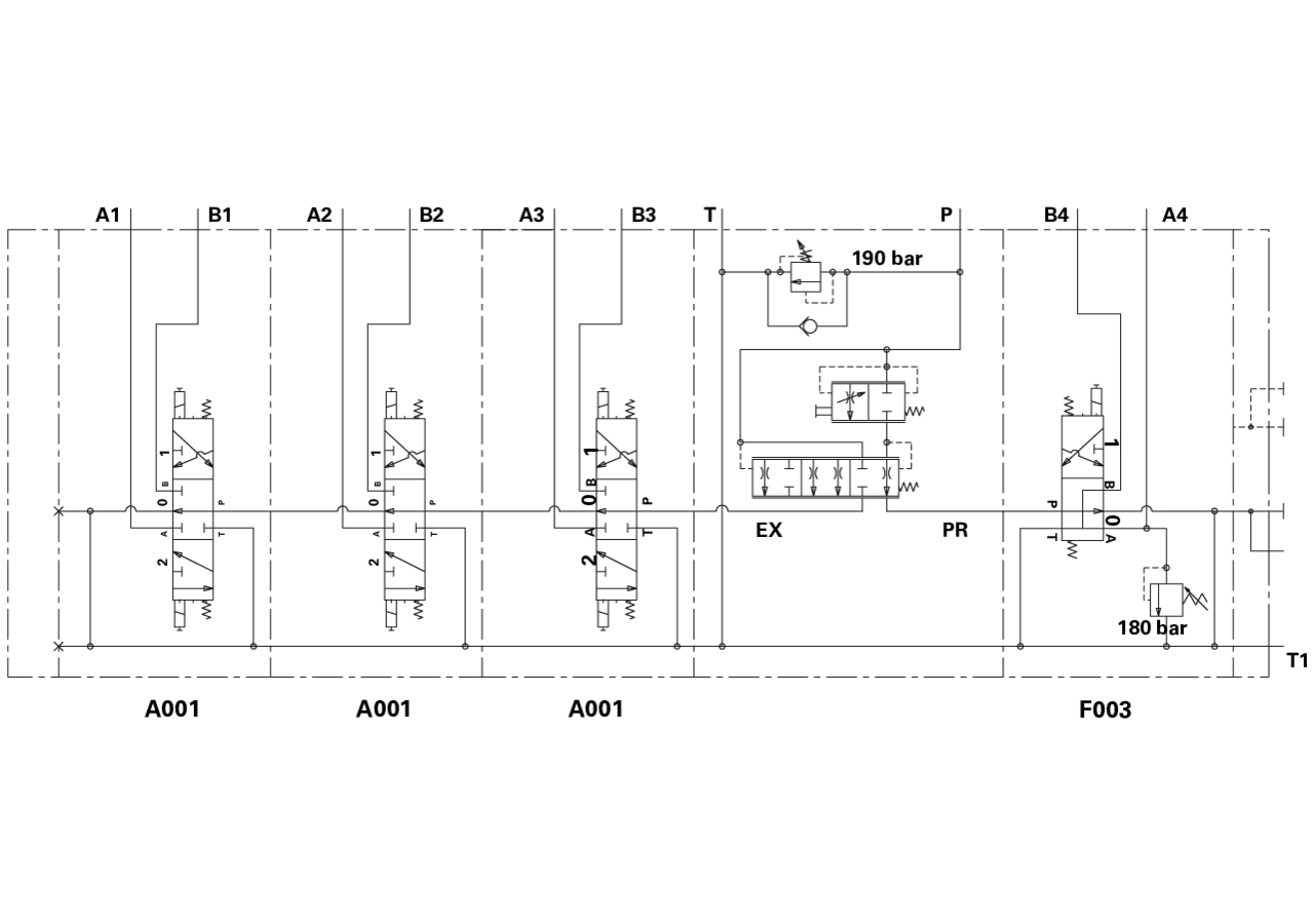 Steuerventil BW05TO/4, 1 x F003, 3 x A001, mech. mengengeregelt, 12 V Bondioli & Pavesi