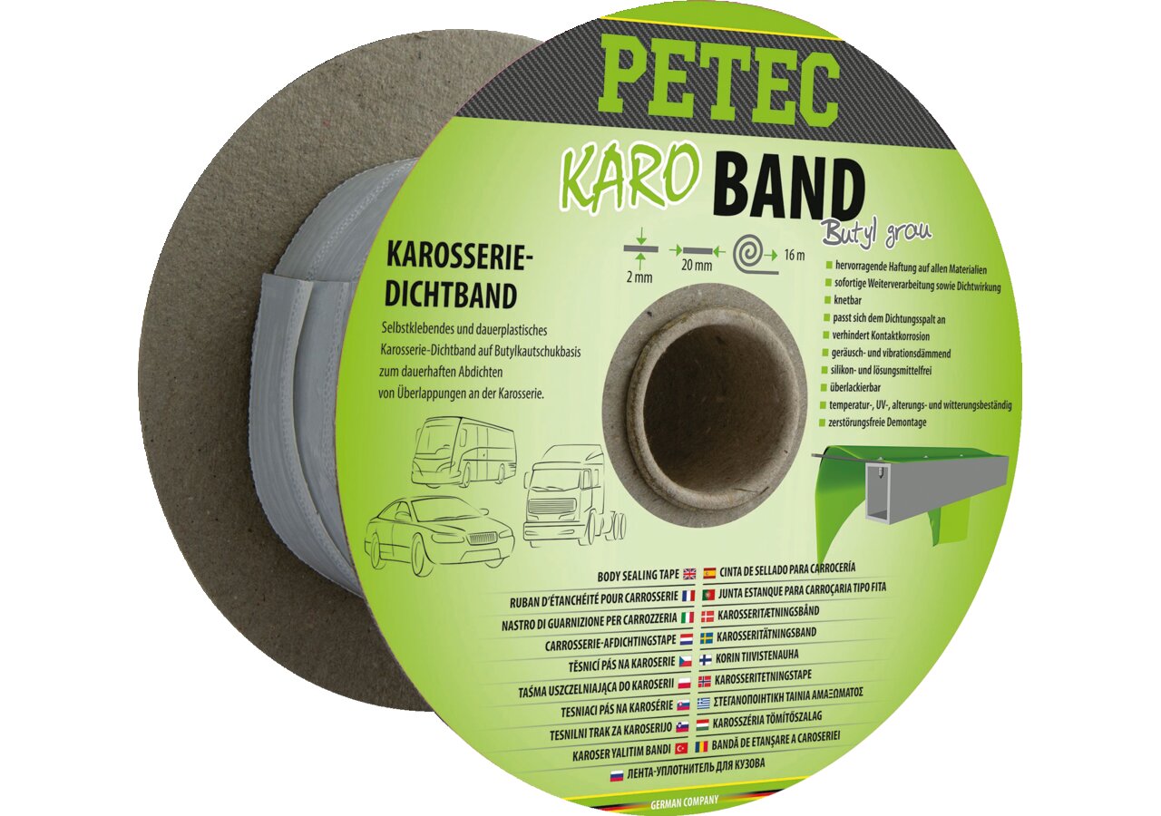 Karosseriedichtband grau, 20 x 2 mm x 16 m selbstklebende und dauerplastische PETEC