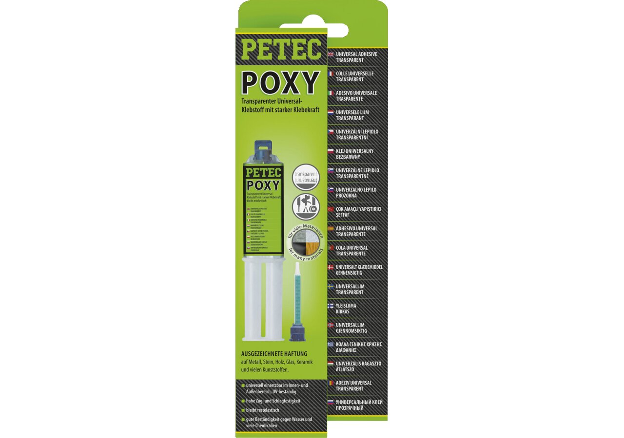Universalklebstoff POXY transparent, 24 ml Doppelspritze inkl. Mischrohr PETEC